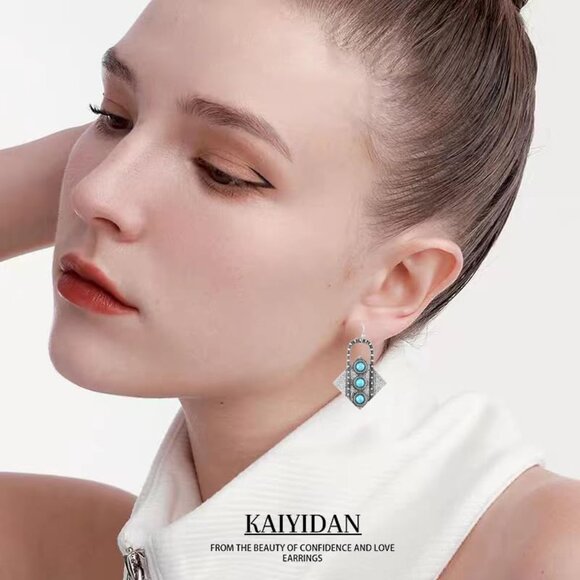 Turquoise Square Geometric Shaped Vintage Long Summer Earring for Women Jewelry - Picture 6 of 8